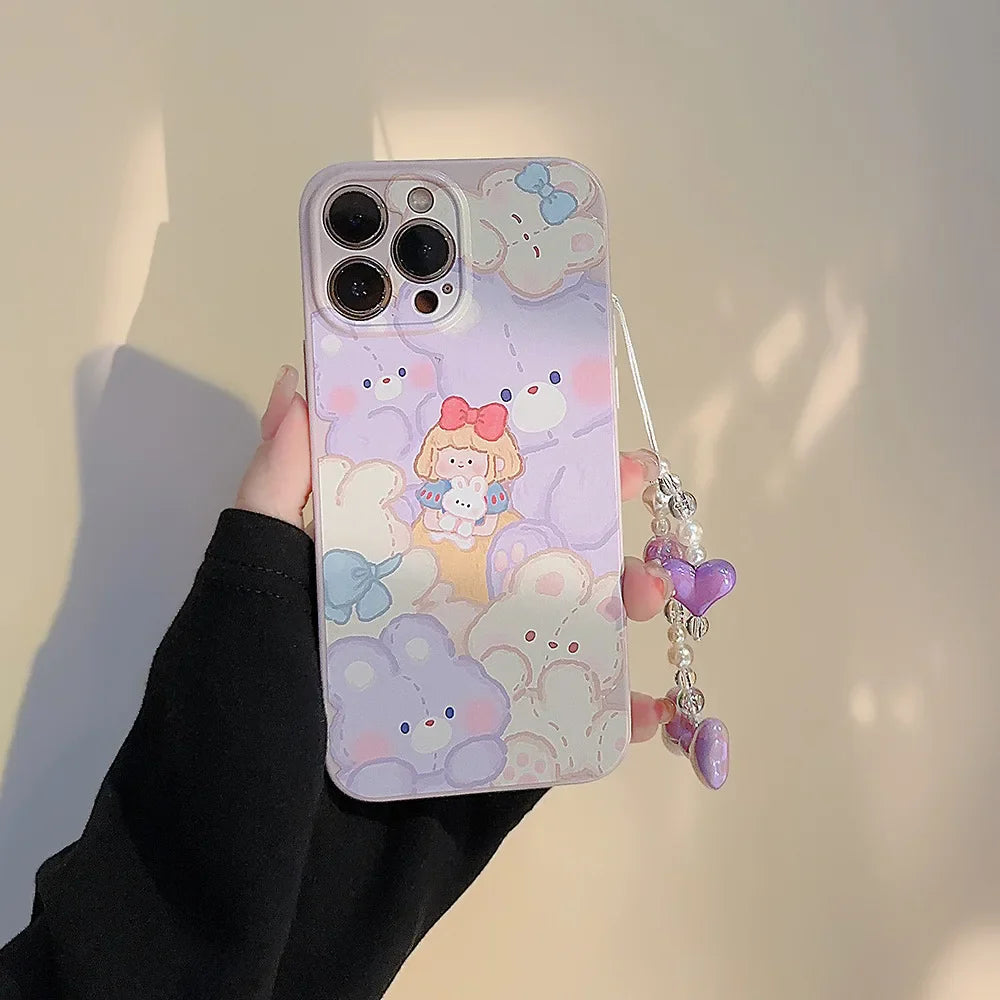 Cute Cartoon Bunny With Chain Lanyard Phone Case For iPhone