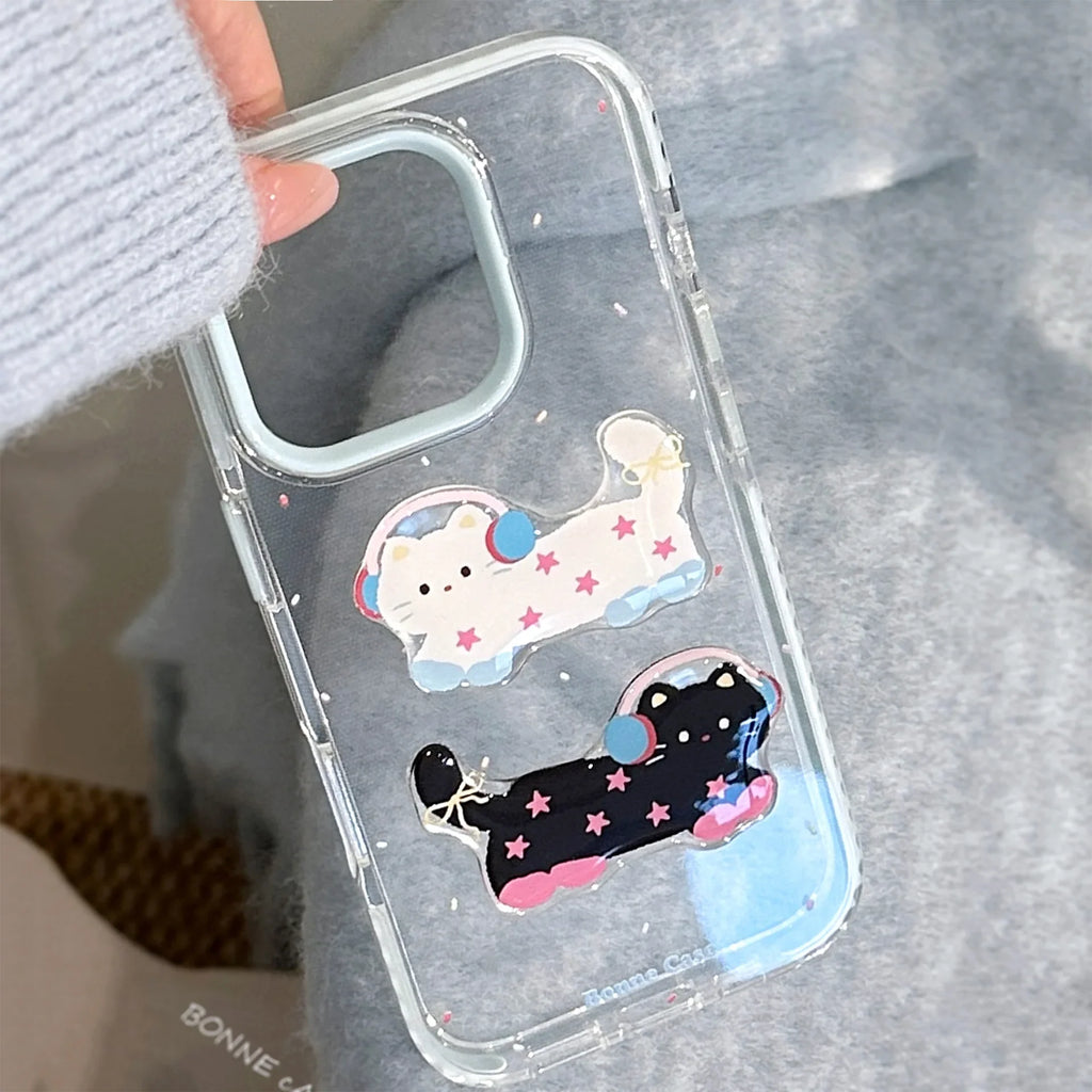 Korean 3D Cute Cartoon Stars Headset Kitten Soft Phone Case For iPhone