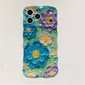 Luxury Blue Light Oil Painting Flowers Wavy Phone Case For iPhone