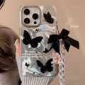 Luxury Black Butterfly Water Ripple Phone Case With Lanyard For iPhone