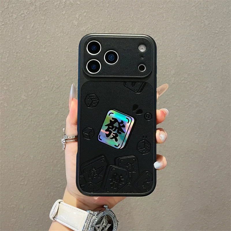 Luxury Cartoon Mahjong Get Rich Laser Leather Texture Couple Phone Case For iPhone
