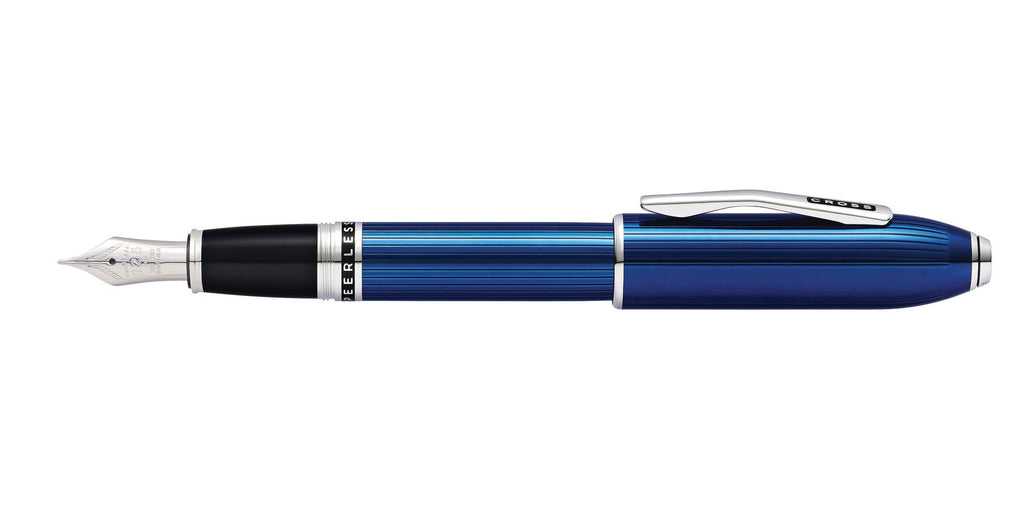 Peerless™ Translucent Quartz Blue Engraved Lacquer with Platinum Plated Appointments and Rhodium Plated 18KT Solid Gold Fine Nib Fountain Pen
